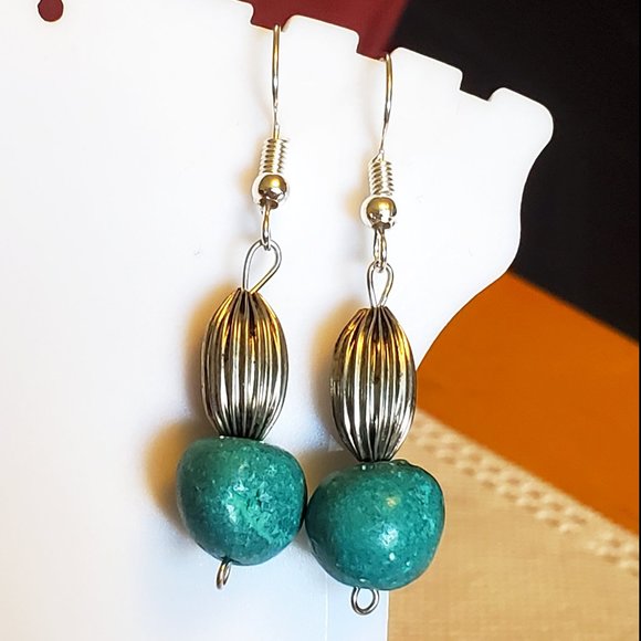 Silver Tone Hook Metal and Howlite Bead Earrings